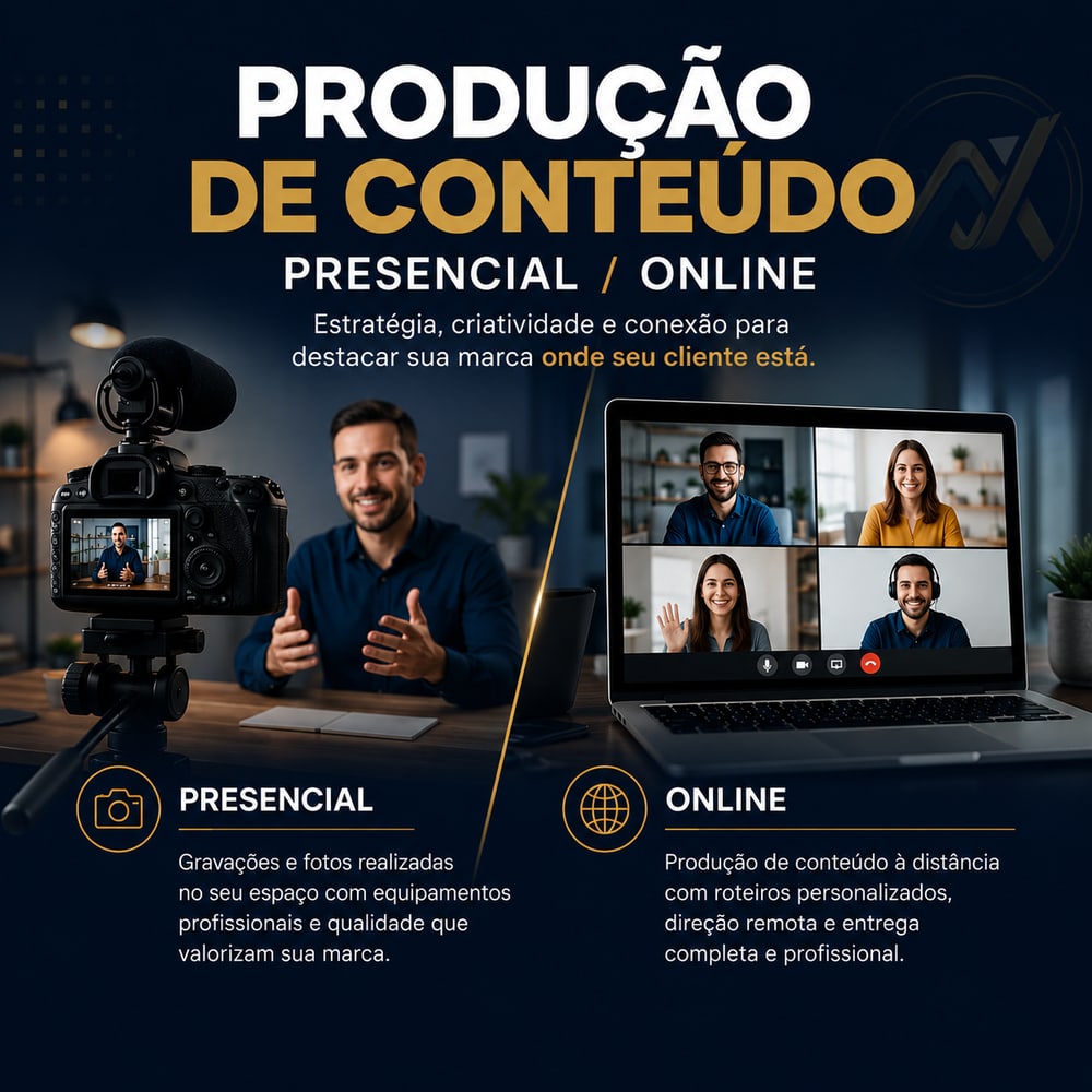Produção de conteúdo da Weltrix Ads: presencial com filmagem ou online sem filmagem